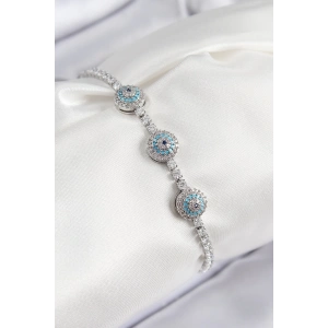 Pirinç Zirkon Taşlı Nazar Model Gümüş Renk Kadın Bileklik