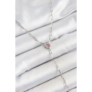 Pirinç Zirkon Taşlı Pembe Kalp Figürlü Y Model Gümüş Renk Kadın Kolye