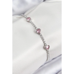 Pirinç Zirkon Taşlı Pembe Kalp Model Gümüş Renk Kadın Bileklik