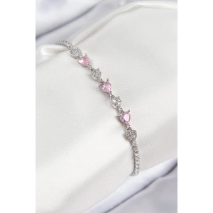 Pirinç Zirkon Taşlı Pembe Kalp Model Gümüş Renk Kadın Bileklik