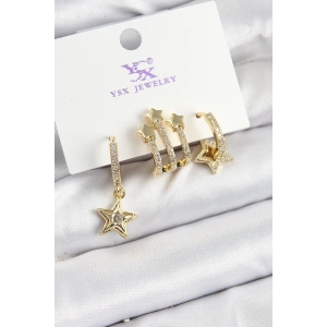 Pirinç Zİrkon Taşlı Sallantılı Yıldız Model Gold Renk 3lü Kadın Küpe