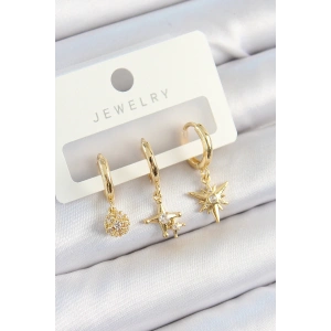 Pirinç Zirkon Taşlı Yıldız Model Gold Renk 3lü Çift Kadın Küpe Set