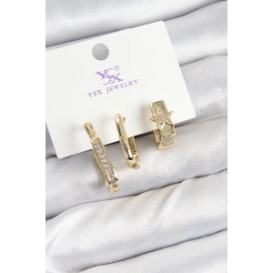 Pirinç Zİrkon Taşlı Yıldız Model Gold Renk 3lü Kadın Küpe