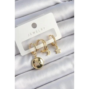 Pirinç Zirkon Taşlı Yıldız Ve Ay Model Gold Renk 3lü Çift Kadın Küpe Set