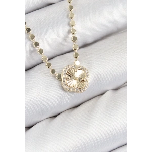Pirinç Zirkon Taşlı Yonca Model Ezme Zincir Gold Renk Kadın Kolye