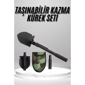 Pusulalı Katlanabilen Portatif Çantalı Mini Kazma Kürek Seti