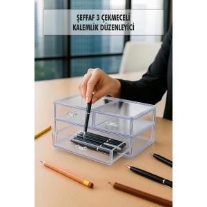 Şeffaf 3 Çekmeceli Kalemlik Düzenleyici Organizer 14×24×10 cm