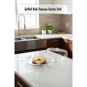 Şeffaf Akrilik Kek Fanusu ve Servis Seti – 33 x 39 x 14 cm (4 Parça)
