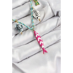 Seramik Motifli Pembe Balık Figürlü Model Mavi İp Kadın Kolye