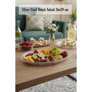 Silver Simli Büyük Kayık Tabak Sunum & Servis Tabağı - 26,5 x 39,5 cm