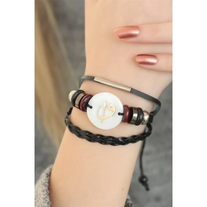 Siyah Renk Elif Vav Tasarım Çoklu Deri Bayan Bileklik