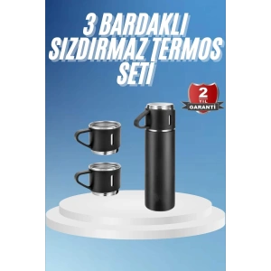 Termos Paslanmaz Çelik Termos Siyah Renk 3 Bardaklı Termos Seti