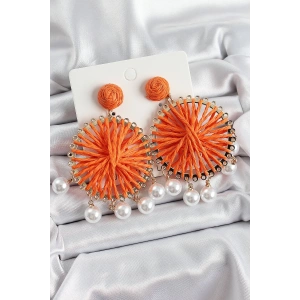 Turuncu Hasır Örgü Sarmal Model Sallantılı İnci Detaylı Gold Renk Kadın Küpe