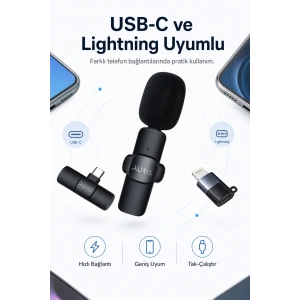 USB-C ve Lightning Uyumlu Kablosuz Yaka Mikrofonu Tak Çalıştır Telefon Ses Kayıt Seti
