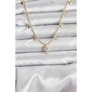 Zirkon Taşlı Kutup Yıldızı Model Pirinç Gold Renk Kadın Kolye