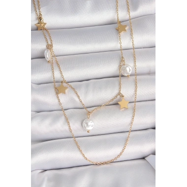 316L Çelik Gold Renk 2Li Zincir Sallantı Yıldız İnci Model Kadın Kolye