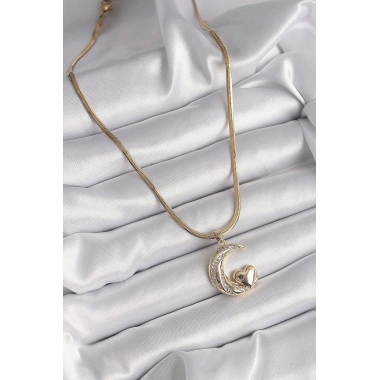 316L Çelik Gold Renk Çelik İtalyan Zincir Zirkon Taşlı Halil Figür Kalp Detay Kadın Kolye