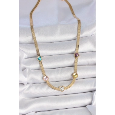 316L Çelik Gold Renk İtalyan Zincir Renkli Zirkon Taşlı Kalp Figür Kadın Kolye