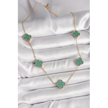 316L Çelik Gold Renk Zincir Yeşil Yonca Model Kadın Kolye