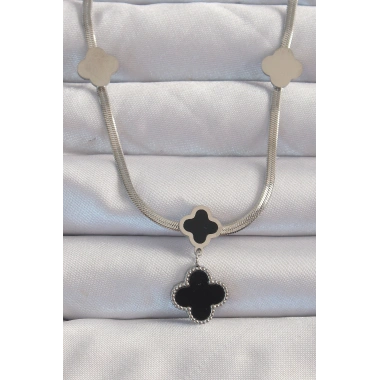 316L Çelik Gümüş Renk İtalyan Zincirli Mineli Yonca Kolye