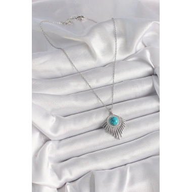 316L Çelik Gümüş Renk Zincir Mavi Boncuklu Zirkon Taşlı Kadın Kolye