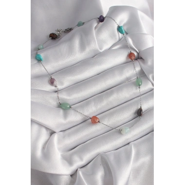 316L Çelik Gümüş Renk Zincir Renkli Doğaltaş Model Kadın Kolye