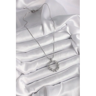 316L Çelik Gümüş Renk Zincir Zirkon Taş Detaylı Bombeli Halka Model Kadın Kolye