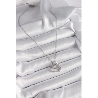 316L Çelik Gümüş Renk Zincir Zirkon Taş Detaylı Kalp Model Sonsuzluk Detay Kadın Kolye
