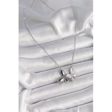 316L Çelik Gümüş Renk Zincir Zirkon Taşlı Renkli Kelebek Model Kadın Kolye