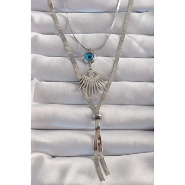 316L Çelik Gümüş Renk Zirkon Taşlı Göz Detay Nazarlı Uzun Asansör Model Kolye