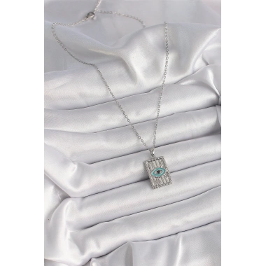 316L Çelik Gümüş Renk Zirkon Taşlı Göz İşleme Detaylı Plaka Model Kadın Kolye