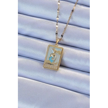 316L Çelik Zincir Altın Renk Mavi Mineli Tarot Kolye
