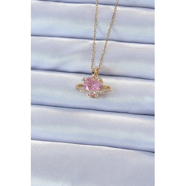 316L Çelik Zincir Altın Renk Pembe Zirkon Taşlı Satürn Görünümlü Kalp Kolye