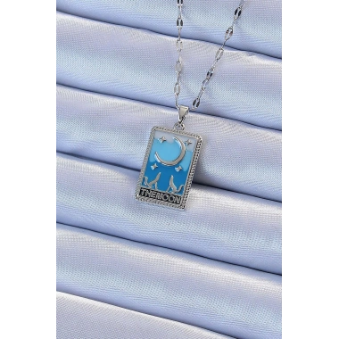 316L Çelik Zincir Gümüş Renk Mavi Mineli Ay Figür Tarot Kolye