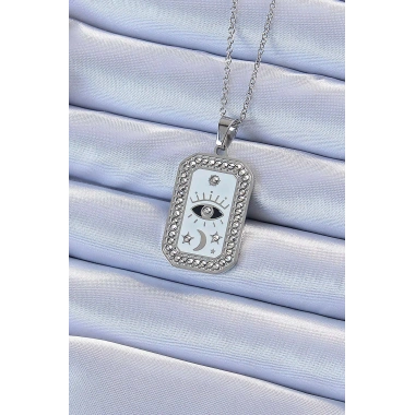 316L Çelik Zincir Gümüş Renk Mineli Zirkon Taşlı Göz Figür Tarot Kolye