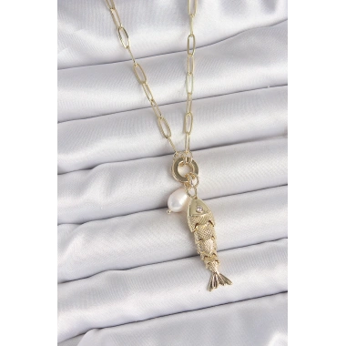 İnci Detaylı Zirkon Taşlı Balık Figürlü Gold Renk Pirinç Kolye