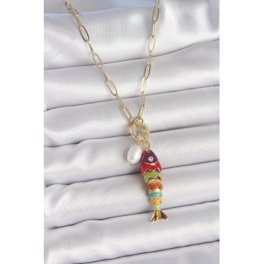 İnci Detaylı Zirkon Taşlı Rainbow Balık Figürlü Gold Renk Pirinç Kolye