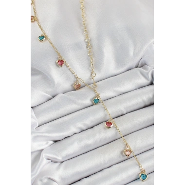 Pirinç Asorti Kalp Model Gold Renk Zirkon Taşlı Y Kolye