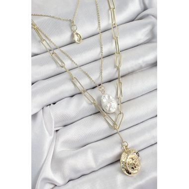 Pirinç Çoklu Zincirli İncili Deniz Kabuğu Model Gold Renk Kadın Kolye