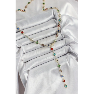 Pirinç Gold Renk Karışık Renk Zirkon Taşlı Kalpli Y Kadın Kolye