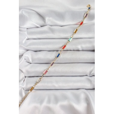 Pirinç Gold Renk Karışık Renkli Kare Zirkon Taşlı Kadın Bileklik