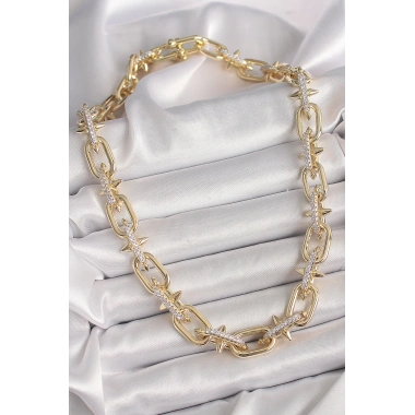 Pirinç Gold Renk Zirkon Taşlı Dikenli Halka Model VIP Exculusive Seri Kadın Kolye