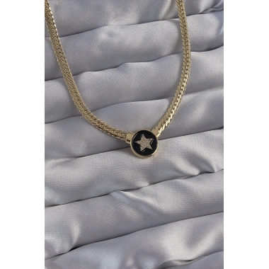 Pirinç Gold Renk Zirkon Taşlı Yıldız Model Siyah Mineli Ezme Zincirli Serenay Kolyesi