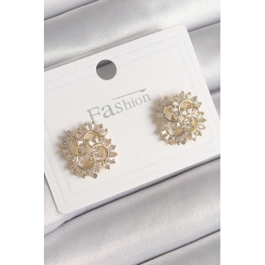 Pirinç Gold Renk Zirkon Taşlı Yonca Model Kadın Küpe