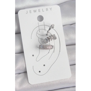 Pirinç Gümüş Renk Zirkon Taşlı 3Lü Model Yaprak Figür Kadın Kıkırdak Küpe