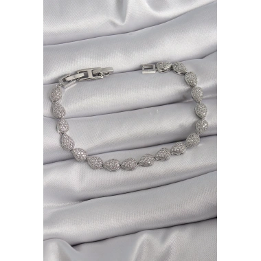 Pirinç Gümüş Renk Zirkon Taşlı Damla Model VIP Seri Kadın Bileklik