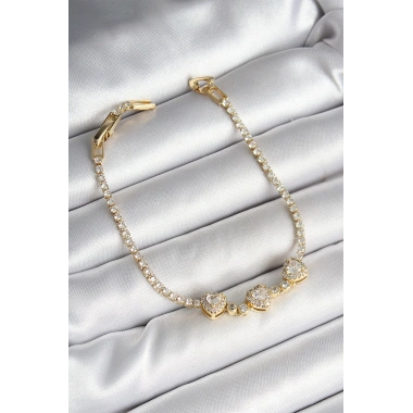 Pirinç Sıralı Kalp Figürlü Zirkon Taşlı Gold Renk Kadın Bileklik
