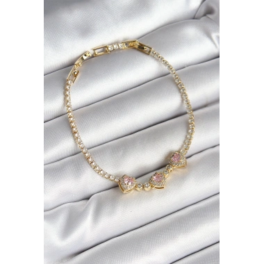 Pirinç Sıralı Pembe Kalp Figürlü Zirkon Taşlı Gold Renk Kadın Bileklik