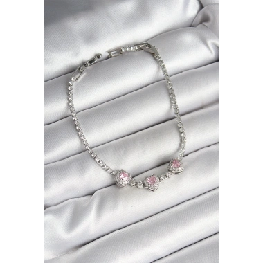 Pirinç Sıralı Pembe Kalp Figürlü Zirkon Taşlı Gümüş Renk Kadın Bileklik