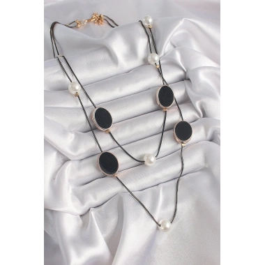 Pirinç Siyah Renk Zincir İnci Detaylı Çoklu Kadın Kolye